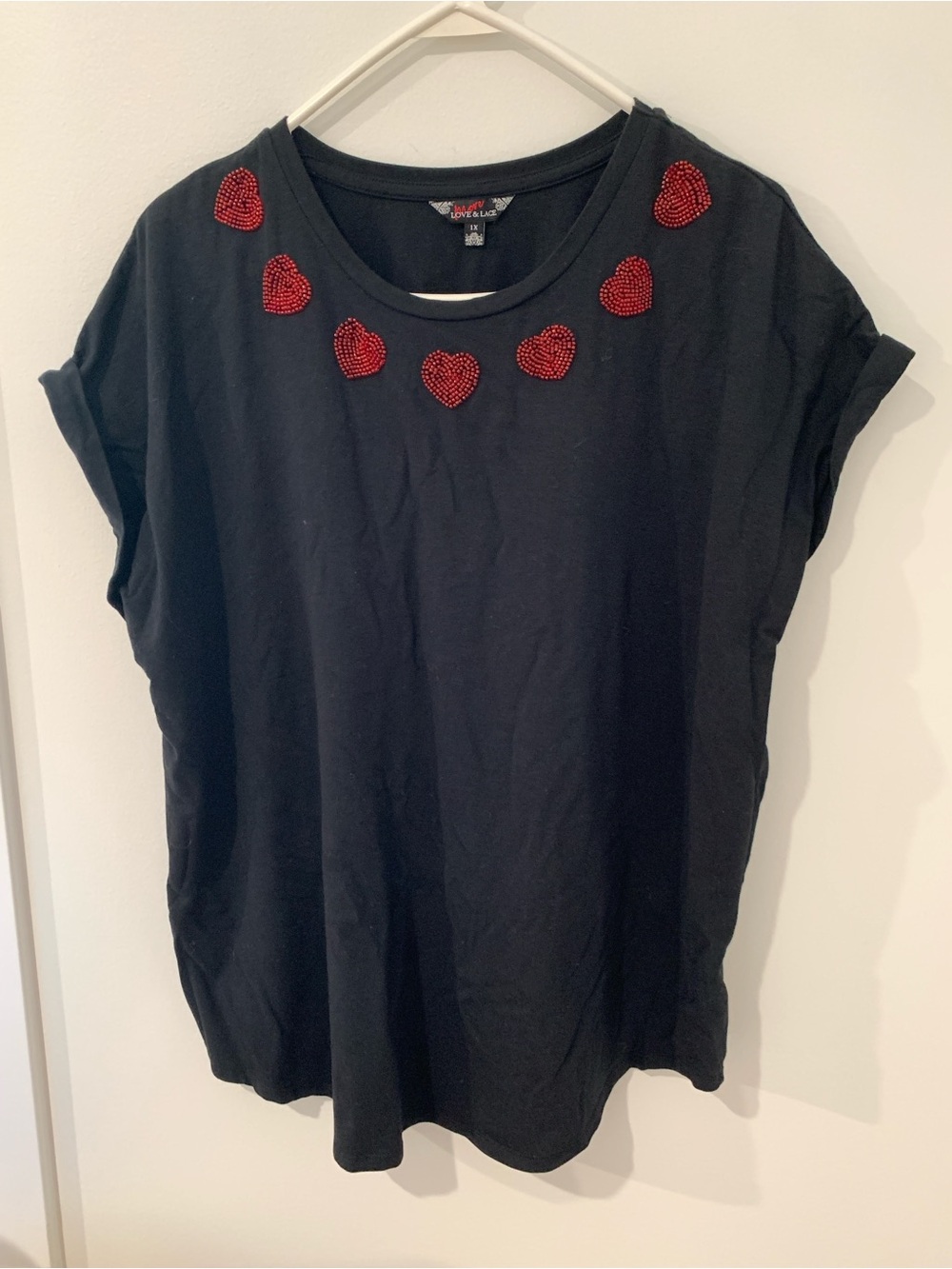 black tshirt with beaded hearts